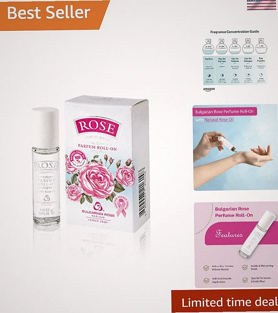 Elegant Bulgarian Rose Roll-On Perfume: Alcohol Free, 9ml Natural Fragrance